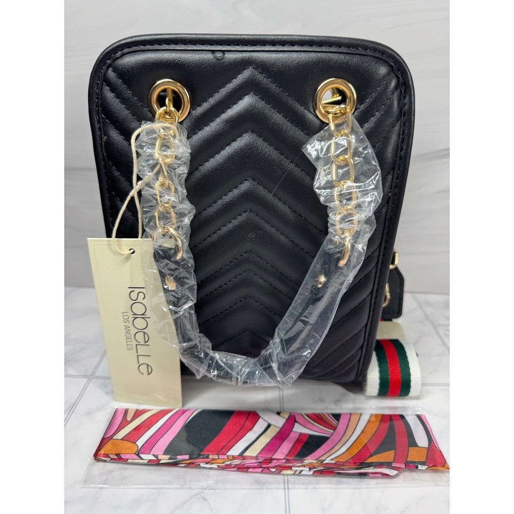 Isabelle Los Angeles Black Chevron Quilted Vegan Crossbody Bag Gold Accents New